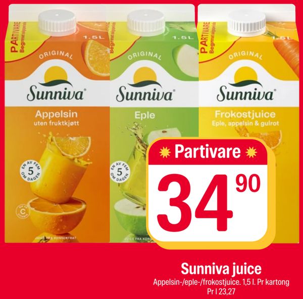 Sunniva juice Appelsin-/eple-/frokostjuice. 1,5 l. Pr kartong Pr l 23,27