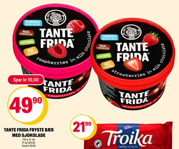 TANTE FRIDA FRYSTE BÆR MED SJOKOLADE Spar kr 10,00 130 g. Pr stk Pr kg 383,85 Førpris 59,90