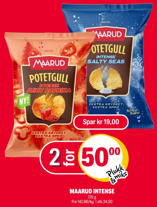 MAARUD INTENSE 175 g Fra 142,86/kg. 1 stk 34,50
Spar kr 19,00
Plukk & miks