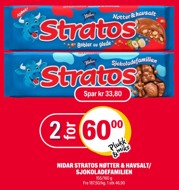 NIDAR STRATOS NØTTER & HAVSALT/ SJOKOLADEFAMILIEN 155/160 g Fra 187,50/kg. 1 stk 46,90
Spar kr 33,80
Plukk & miks