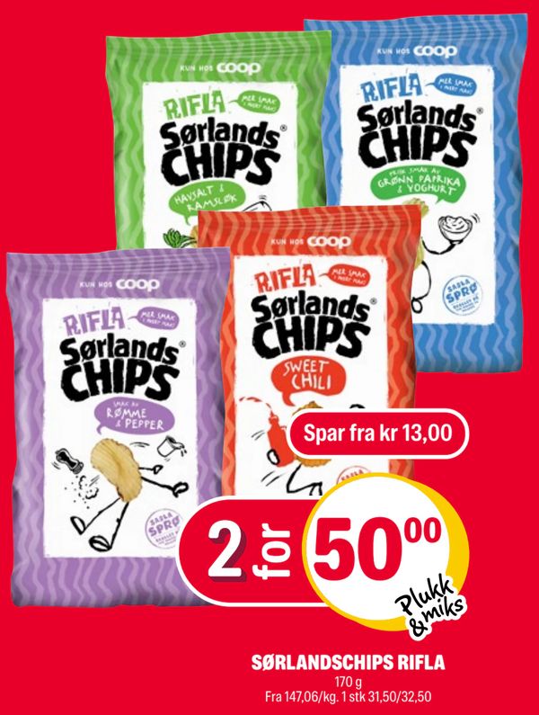 SØRLANDSCHIPS RIFLA 170 g Fra 147,06/kg. 1 stk 31,50/32,50
Spar fra kr 13,00
Plukk & miks