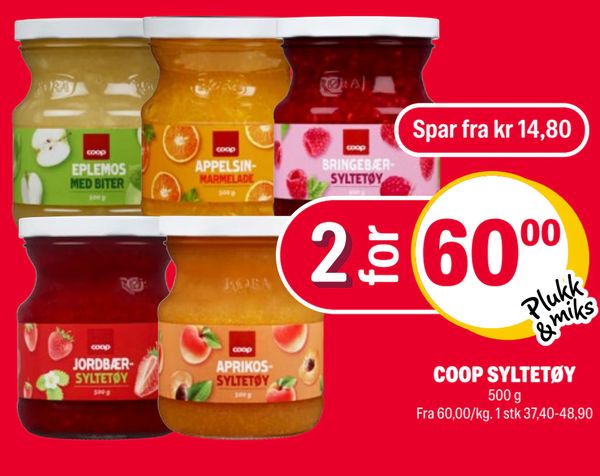 COOP SYLTETØY 500 g Fra 60,00/kg. 1 stk 37,40-48,90