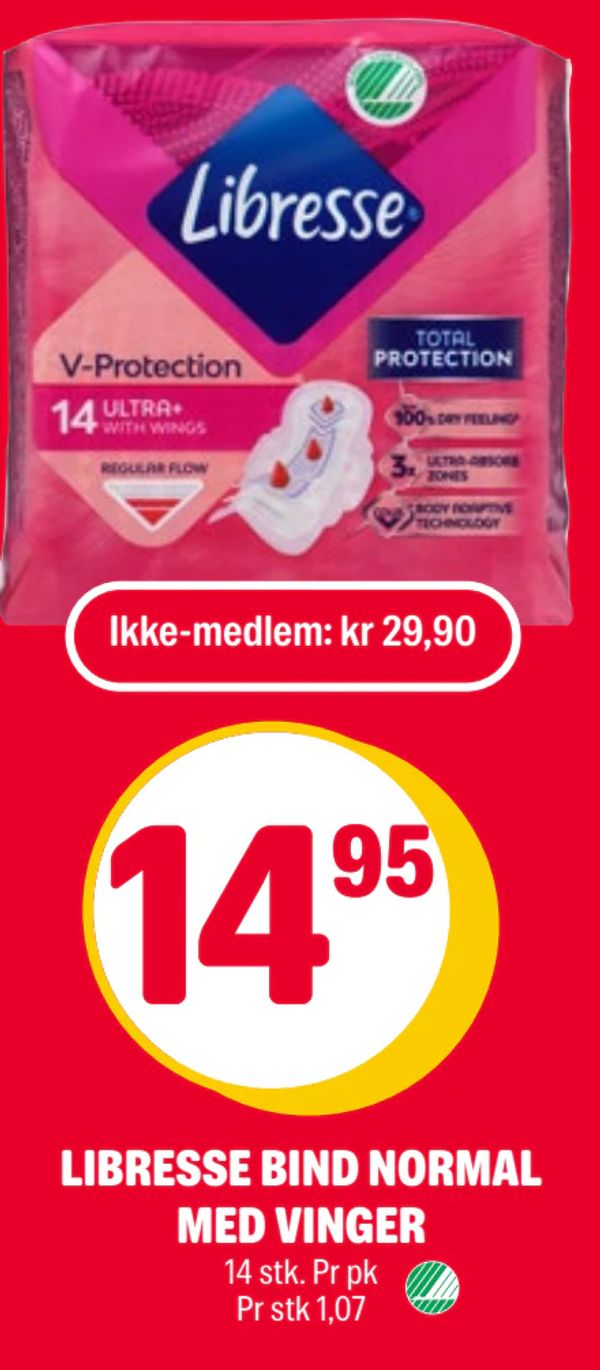 LIBRESSE BIND NORMAL MED VINGER Ikke-medlem: kr 29,90 14 stk. Pr pk Pr stk 1,07