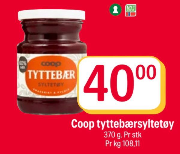 Coop tyttebærsyltetøy 370 g. Pr stk
Pr kg 108,11