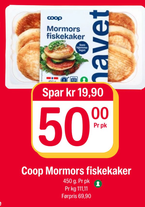 Coop Mormors fiskekaker 450 g. Pr pk
Pr kg 111,11
Førpris 69,90
Spar kr 19,90