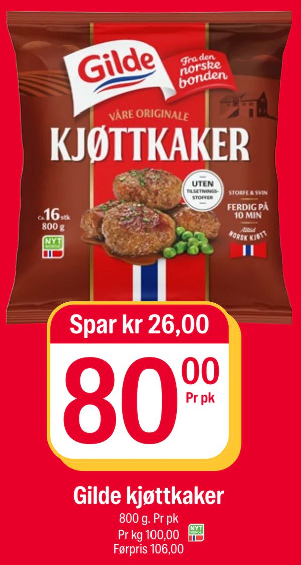 Gilde kjøttkaker 800 g. Pr pk
Pr kg 100,00
Førpris 106,00
Spar kr 26,00