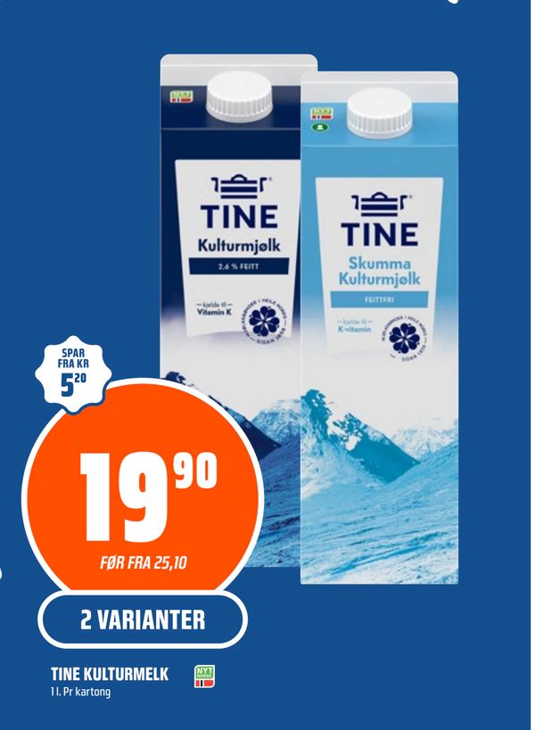 TINE KULTURMELK 1 l. Pr kartong 2 VARIANTER SPAR FRA KR 5,20 19,90 FØR FRA 25,10