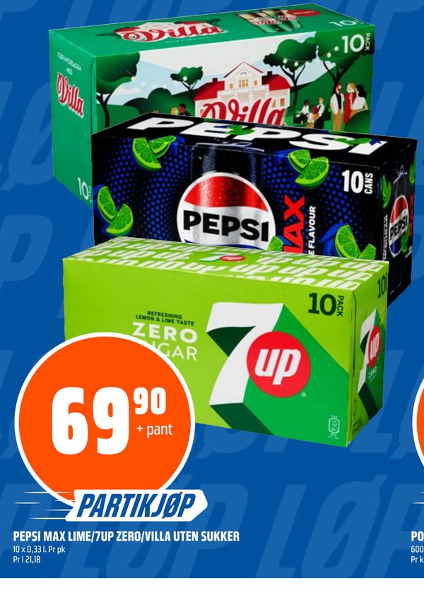 PEPSI MAX LIME/7UP ZERO/VILLA UTEN SUKKER 10 x 0,33 l. Pr pk Pr l 21,18 + pant PARTIKJØP