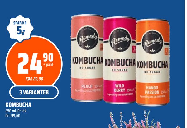KOMBUCHA 250 ml. Pr stk Pr l 99,60 3 VARIANTER SPAR KR 5,- 24,90 + pant FØR 29,90