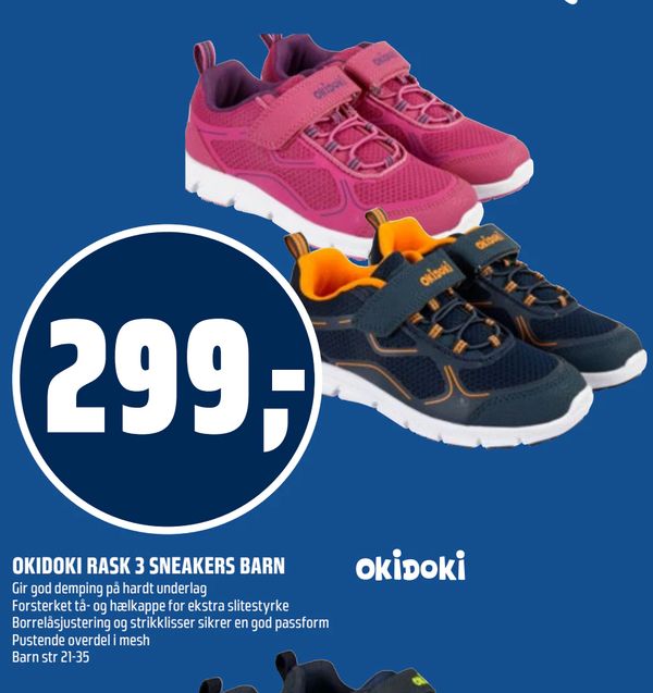 OKIDOKI RASK 3 SNEAKERS BARN Gir god demping på hardt underlag Forsterket tå- og hælkappe for ekstra slitestyrke Borrelåsjustering og strikklisser sikrer en god passform Pustende overdel i mesh Barn str 21-35