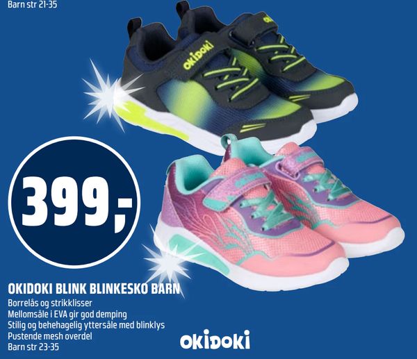 OKIDOKI BLINK BLINKESKO BARN Borrelås og strikklisser Mellomsåle i EVA gir god demping Stilig og behehagelig yttersåle med blinklys Pustende mesh overdel Barn str 23-35