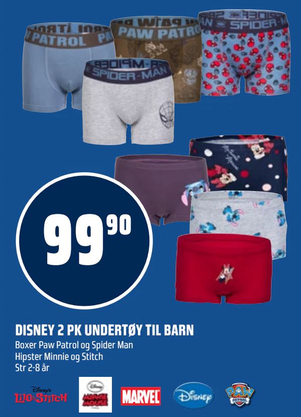 DISNEY 2 PK UNDERTØY TIL BARN Boxer Paw Patrol og Spider Man Hipster Minnie og Stitch Str 2-8 år