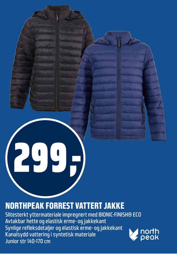 NORTHPEAK FORREST VATTERT JAKKE Slitesterkt yttermateriale impregnert med BIONIC-FINISH® ECO Avtakbar hette og elastisk erme- og jakkekant Synlige refleksdetaljer og elastisk erme- og jakkekant Kanalsydd vattering i syntetisk materiale Junior str 140-170 cm