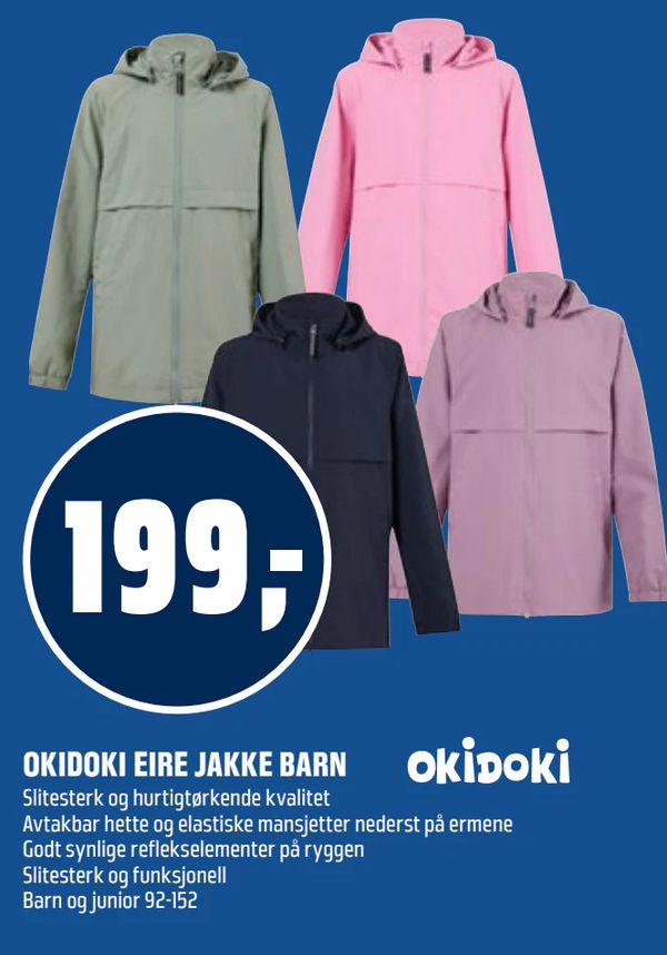 OKIDOKI EIRE JAKKE BARN Slitesterk og hurtigtørkende kvalitet Avtakbar hette og elastiske mansjetter nederst på ermene Godt synlige reflekselementer på ryggen Slitesterk og funksjonell Barn og junior 92-152
