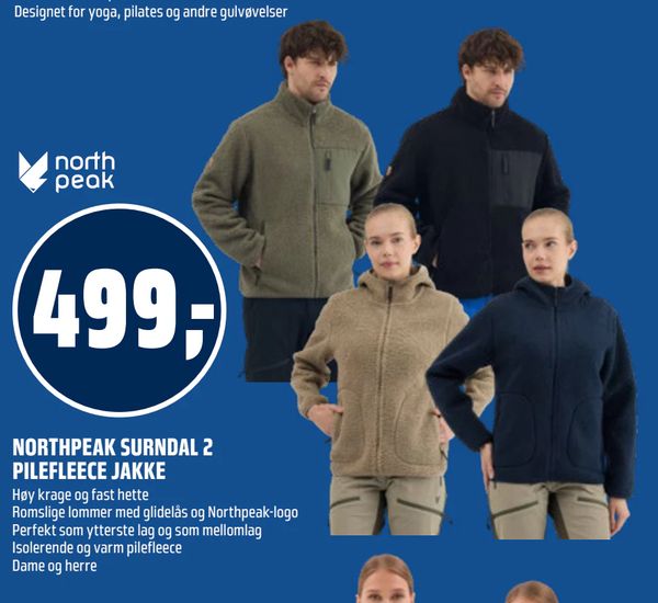 NORTHPEAK SURNDAL 2 PILEFLEECE JAKKE Høy krage og fast hette Romslige lommer med glidelås og Northpeak-logo Perfekt som ytterste lag og som mellomlag Isolerende og varm pilefleece Dame og herre