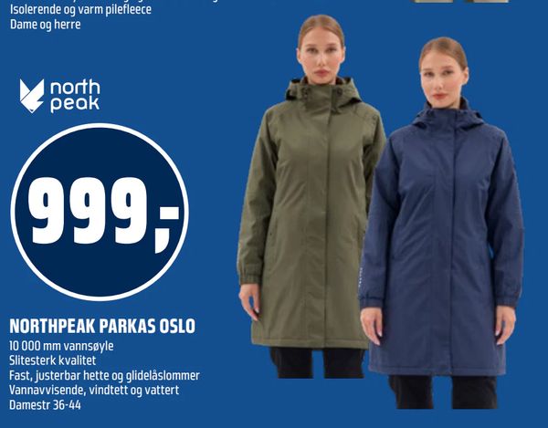 NORTHPEAK PARKAS OSLO 10 000 mm vannsøyle Slitesterk kvalitet Fast, justerbar hette og glidelåslommer Vannavvisende, vindtett og vattert Damestr 36-44