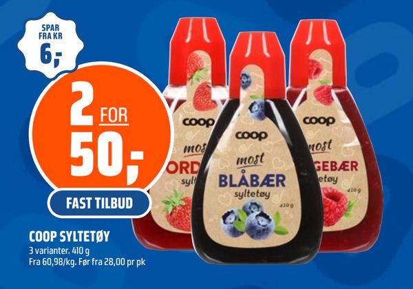 COOP SYLTETØY 3 varianter. 410 g Fra 60,98/kg. Før fra 28,00 pr pk SPAR FRA KR 6,- 2 FOR 50,- FAST TILBUD