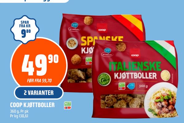 COOP KJØTTBOLLER 2 VARIANTER 360 g. Pr pk Pr kg 138,61