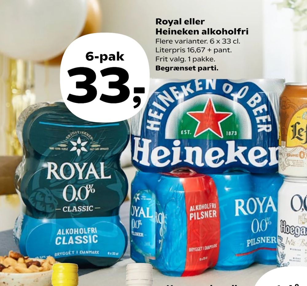 Tilbud på Royal eller Heineken alkoholfri fra Kvickly til 33 kr.