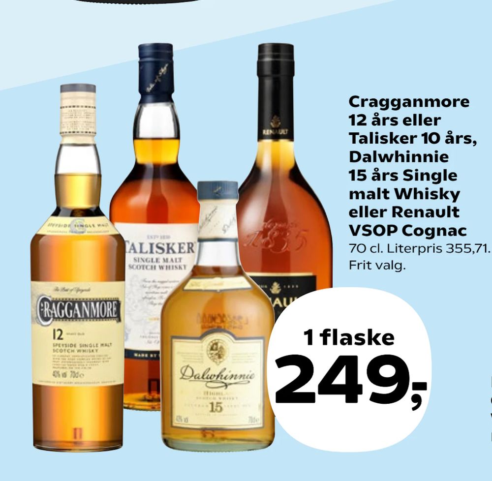 Tilbud på Cragganmore 12 års eller Talisker 10 års, Dalwhinnie 15 års Single malt Whisky eller Renault VSOP Cognac fra Kvickly til 249 kr.