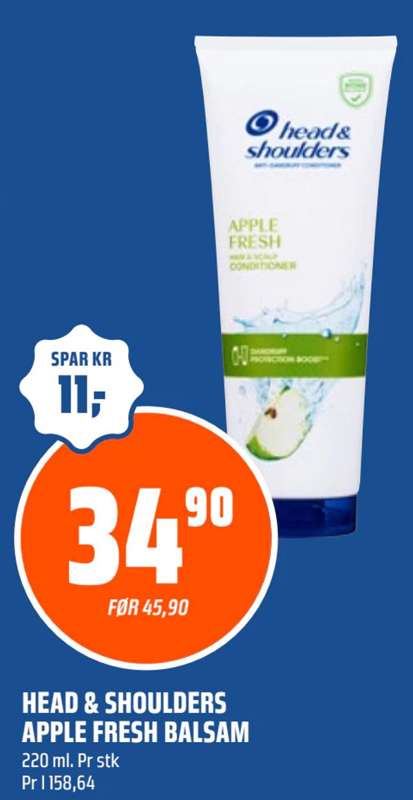 HEAD & SHOULDERS APPLE FRESH BALSAM 220 ml. Pr stk Pr l 158,64 SPAR KR 11,- FØR 45,90