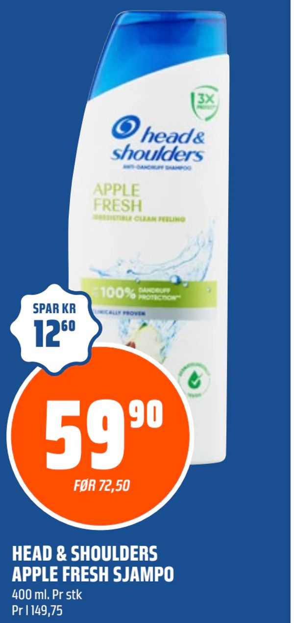 HEAD & SHOULDERS APPLE FRESH SJAMPO 400 ml. Pr stk Pr l 149,75 SPAR KR 12,60 FØR 72,50