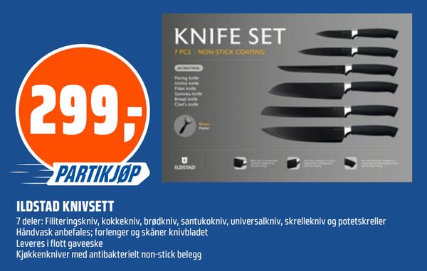 ILDSTAD KNIVSETT 7 deler: Filiteringskniv, kokkekniv, brødkniv, santukokniv, universalkniv, skrellekniv og potetskreller Håndvask anbefales; forlenger og skåner knivbladet
Leveres i flott gaveeske
Kjøkkenkniver med antibakterielt non-stick belegg