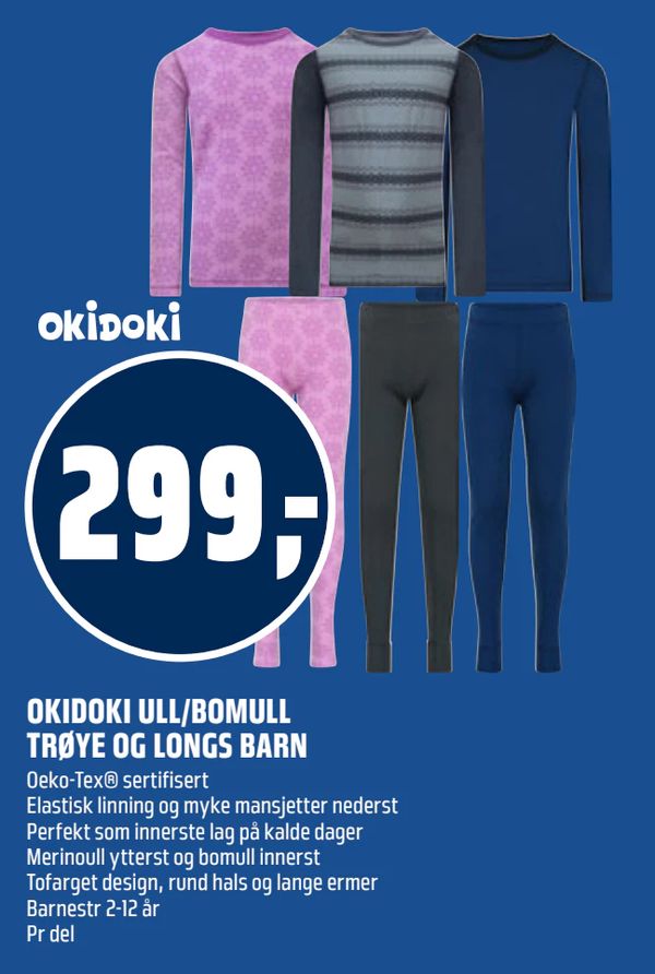 OKIDOKI ULL/BOMULL TRØYE OG LONGS BARN OKIDOKI 299,- Oeko-Tex® sertifisert Elastisk linning og myke mansjetter nederst Perfekt som innerste lag på kalde dager Merinoull ytterst og bomull innerst Tofarget design, rund hals og lange ermer Barnestr 2-12 år Pr del