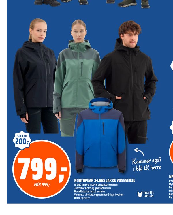 NORTHPEAK 3-LAGS JAKKE VOSSAFJELL 10 000 mm vannsøyle og tapede sømmer Justerbar hette og glidelåslommer Borrelåsjustering på ermene Vanntett, vindtett og pustende 3-lags kvalitet Dame og herre north peak Kommer også i blå til herre SPAR KR 200,- FØR 999,-