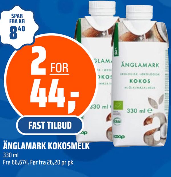 ÄNGLAMARK KOKOSMELK 330 ml Fra 66,67/l. Før fra 26,20 pr pk SPAR FRA KR 8,40 FAST TILBUD