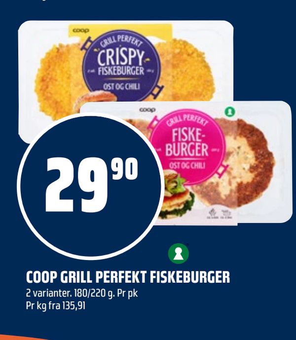 COOP GRILL PERFEKT FISKEBURGER 2 varianter. 180/220 g. Pr pk Pr kg fra 135,91