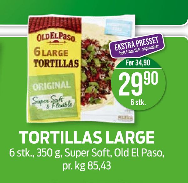 TORTILLAS LARGE 6 stk., 350 g, Super Soft, Old El Paso, pr. kg 85,43 EKSTRA PRESSET helt fram til 6. september Før 34,90