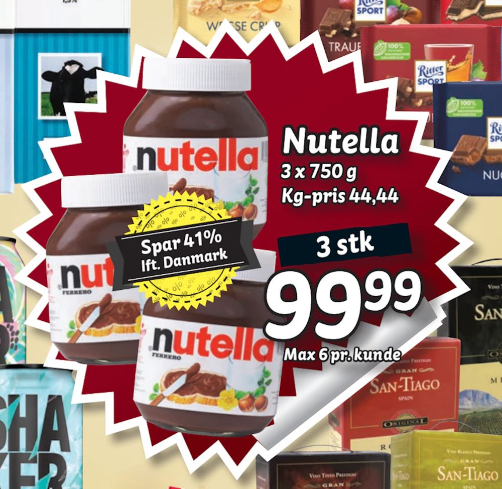 Tilbud på Nutella fra fakta Tyskland til 99,99 kr.