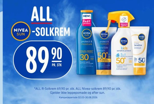 ALL NIVEA SUN -SOLKREM 89 90 PR. STK. *ALL R-Solkrem 69,90 pr. stk. ALL Nivea-solkrem 89,90 pr. stk. Gjelder ikke leppepomade og after sun. Kampanjeperiode 02.03-30.08.2026