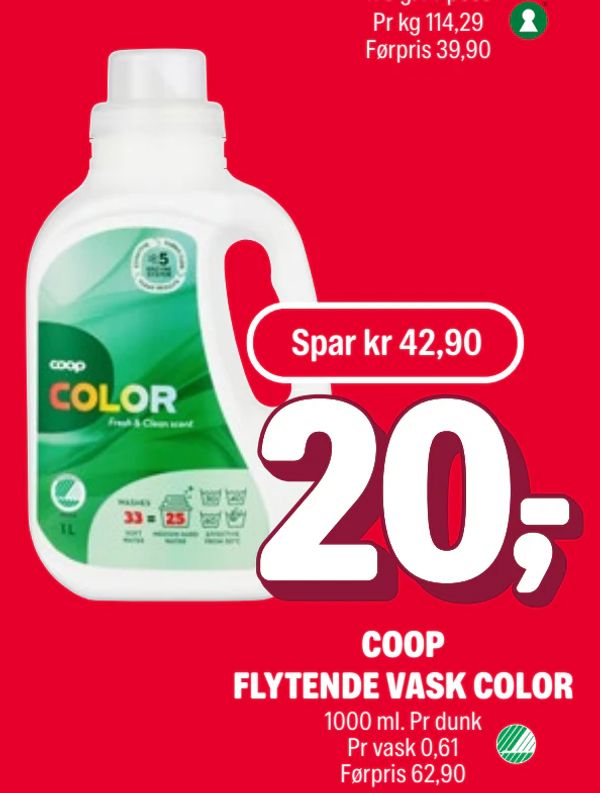 COOP FLYTENDE VASK COLOR 1000 ml. Pr dunk Pr vask 0,61 Førpris 62,90