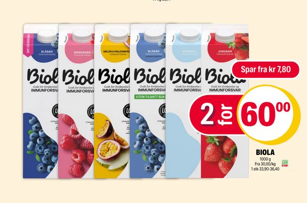 BIOLA 1000 g Fra 30,00/kg 1 stk 33,90-36,40 Spar fra kr 7,80