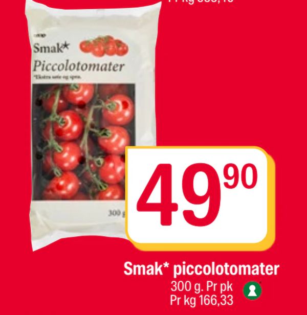 Smak* piccolotomater 300 g. Pr pk Pr kg 166,33
