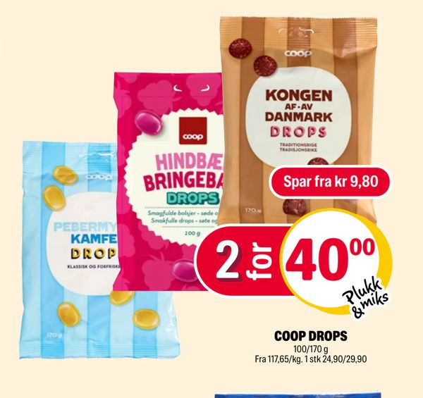 COOP DROPS 100/170 g Fra 117,65/kg. 1 stk 24,90/29,90 Spar fra kr 9,80 Plukk & miks
