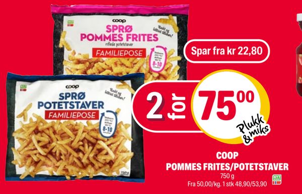 COOP POMMES FRITES/POTETSTAVER 750 g Fra 50,00/kg. 1 stk 48,90/53,90 Spar fra kr 22,80