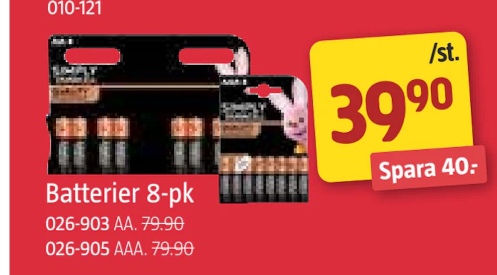 Erbjudanden på Batterier 8-pk från Jula för 39,90 kr