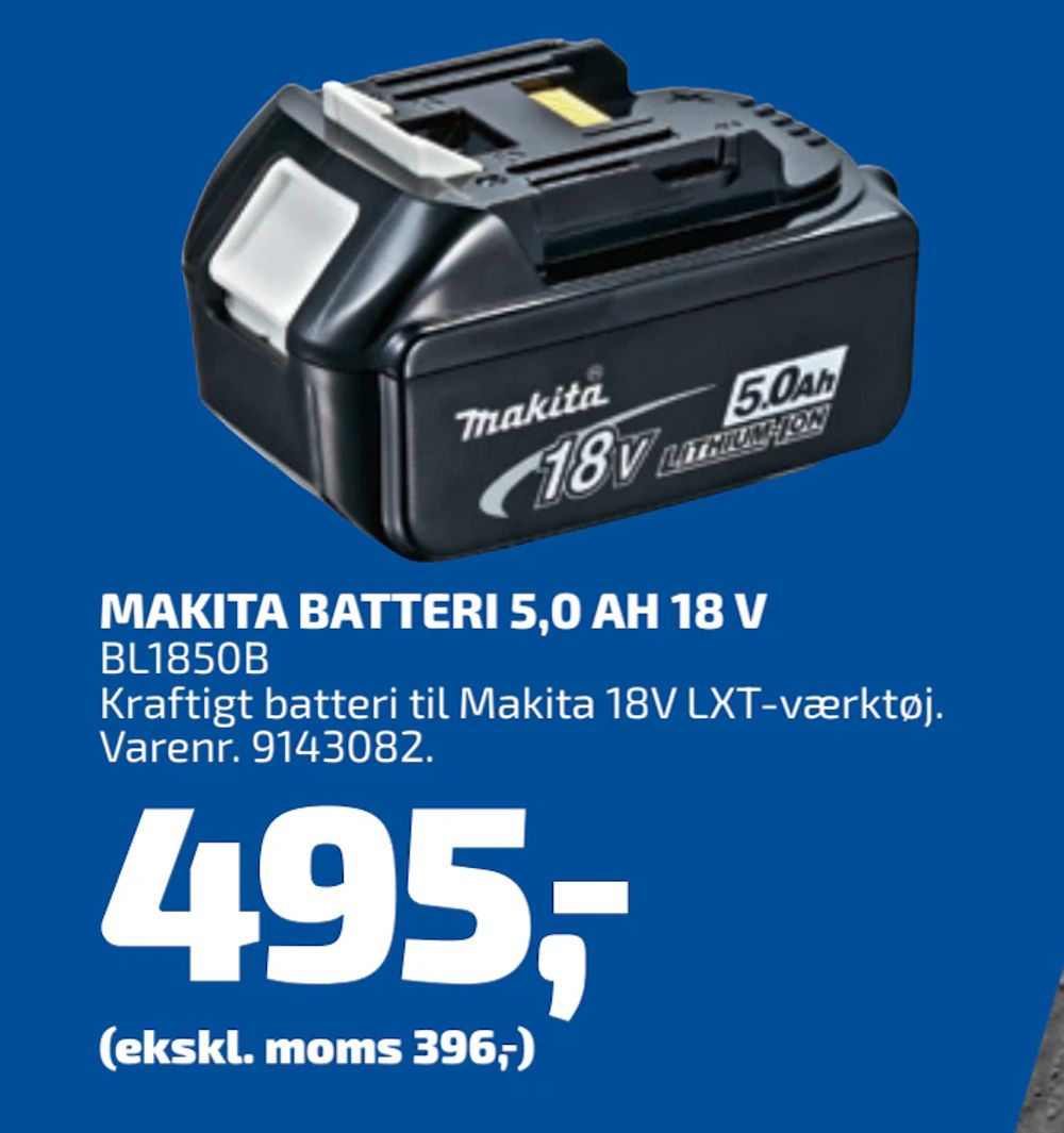 Tilbud på MAKITA BATTERI 5,0 AH 18 V fra Davidsen til 495 kr.