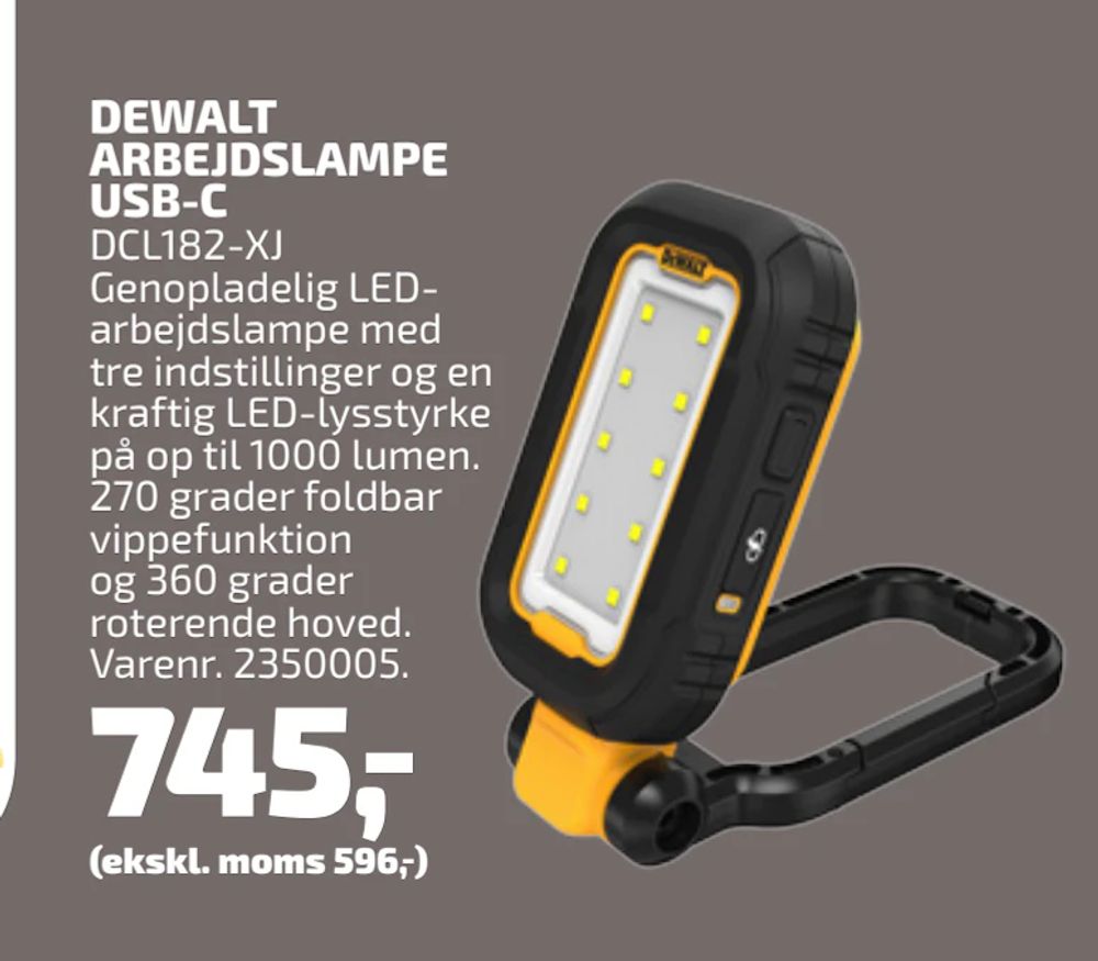 Tilbud på DEWALT ARBEJDSLAMPE USB-C fra Davidsen til 745 kr.