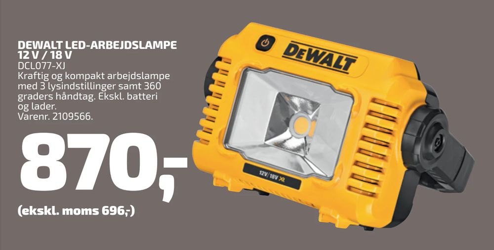 Tilbud på DEWALT LED-ARBEJDSLAMPE 12 V / 18 V fra Davidsen til 870 kr.