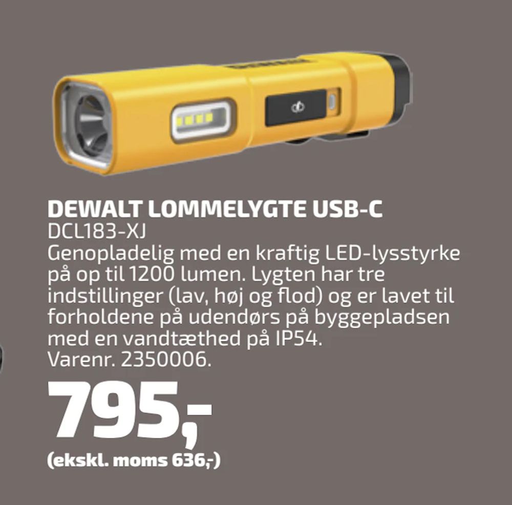Tilbud på DEWALT LOMMELYGTE USB-C fra Davidsen til 795 kr.