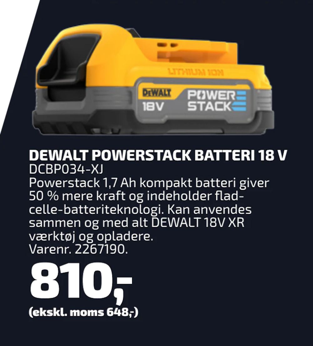Tilbud på DEWALT POWERSTACK BATTERI 18 V fra Davidsen til 810 kr.