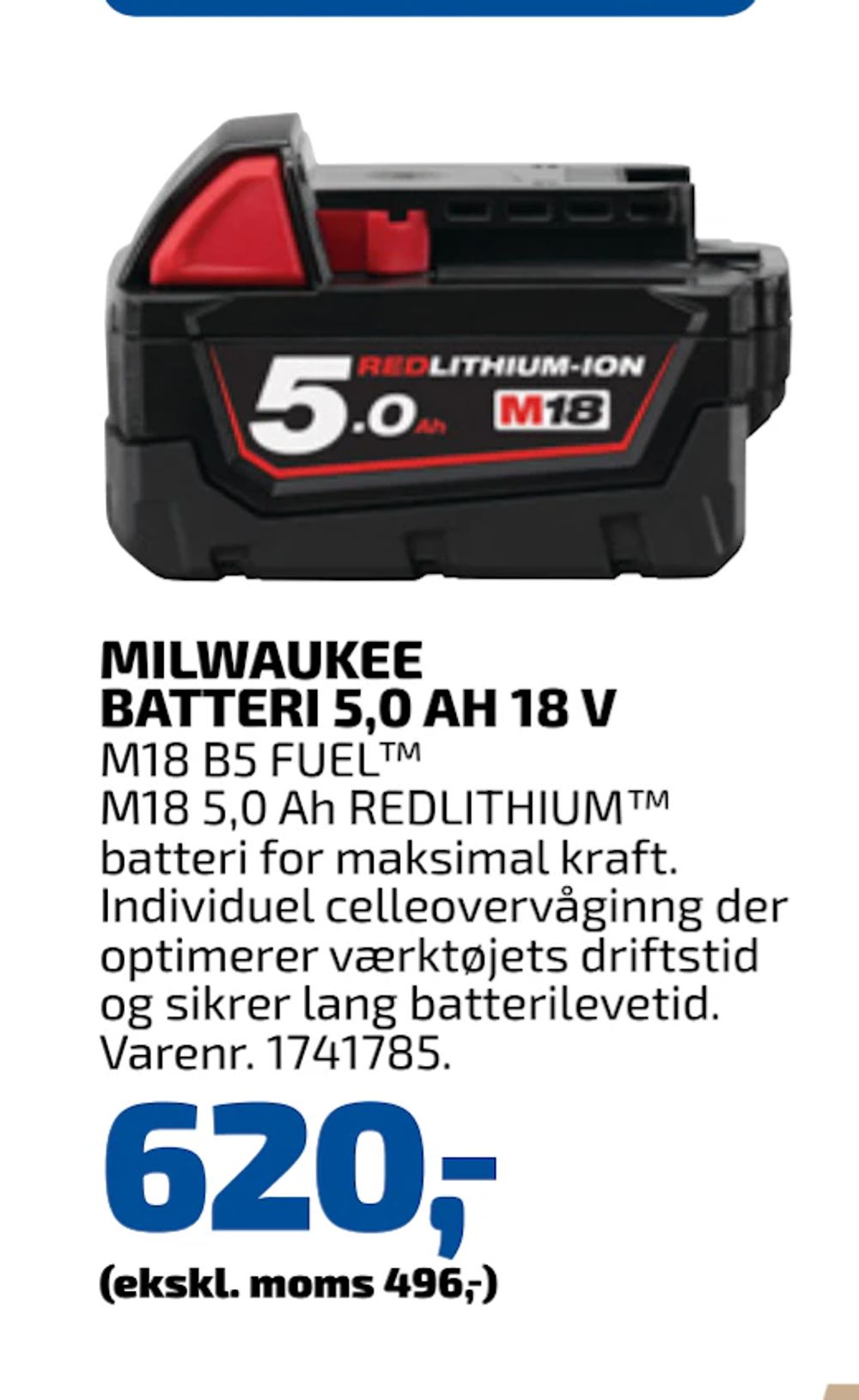 Tilbud på MILWAUKEE BATTERI 5,0 AH 18 V fra Davidsen til 620 kr.