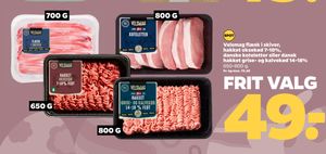 Velsmag flæsk i skiver, hakket oksekød 7-10%, danske koteletter eller dansk hakket grise- og kalvekød 14-18%