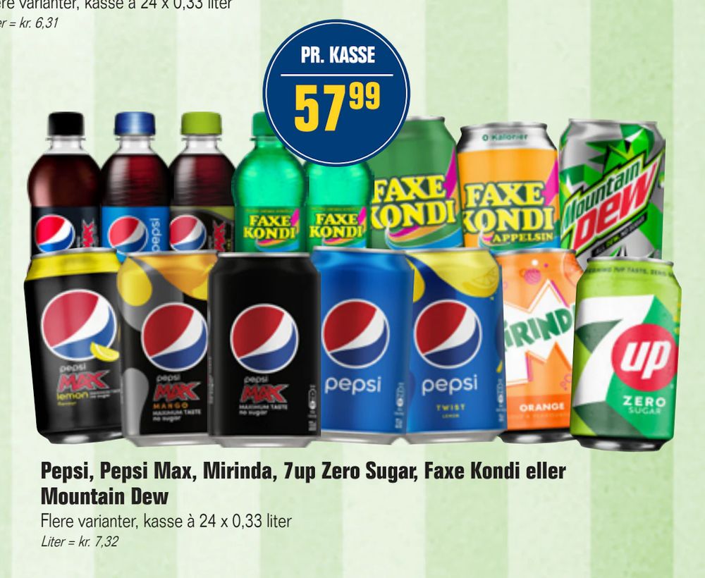 Tilbud på Pepsi, Pepsi Max, Mirinda, 7up Zero Sugar, Faxe Kondi eller Mountain Dew fra Otto Duborg til 57,99 kr.