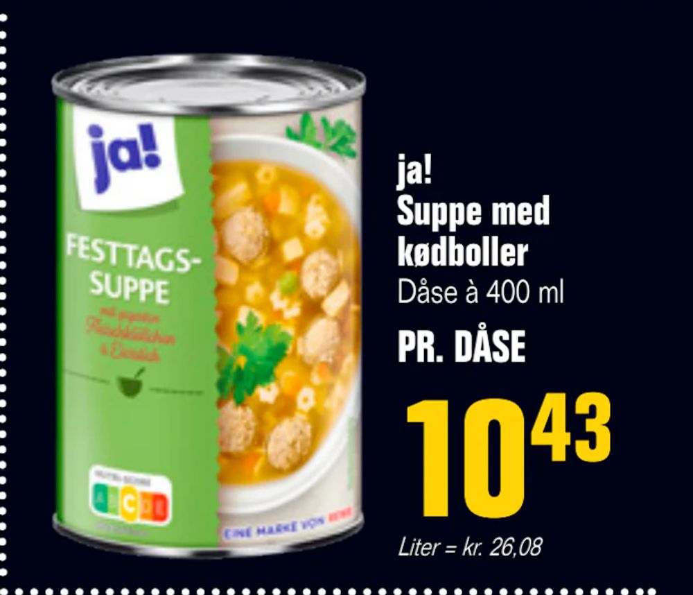 Tilbud på ja! Suppe med kødboller fra Otto Duborg til 10,43 kr.
