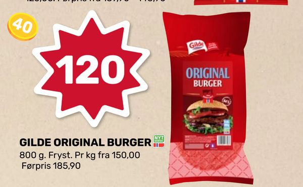 GILDE ORIGINAL BURGER 800 g. Fryst. Pr kg fra 150,00 Førpris 185,90